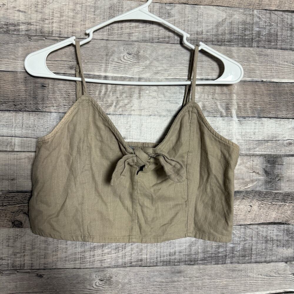 Aerie Women's Smocked Tie Front Crop Cami Top Tan Beige Large Cotton